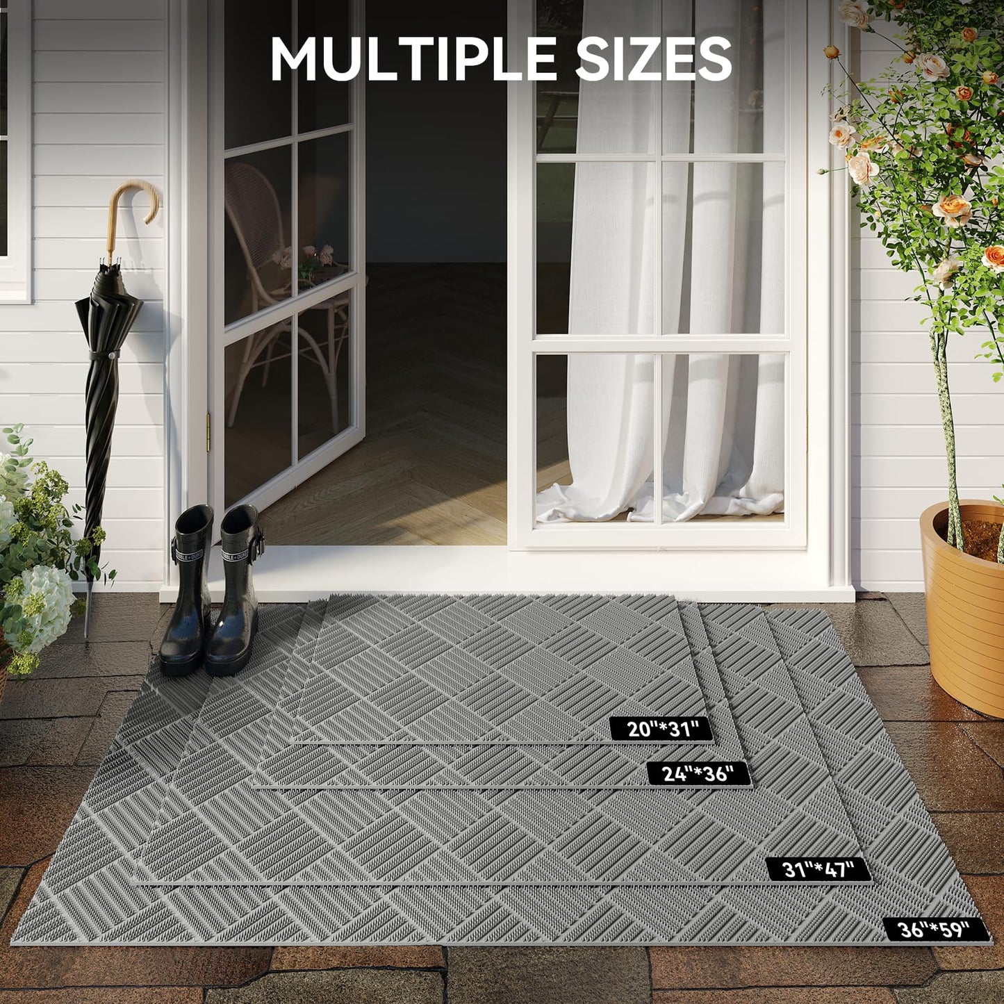 QiCaiJia Front Door Mat Outside Entrance Rubber 24''x36'', Non Slip Rubber Backing,Welcome Floor Doormat, All Weather, Porches Entryways Mudrooms Kitchens Grey