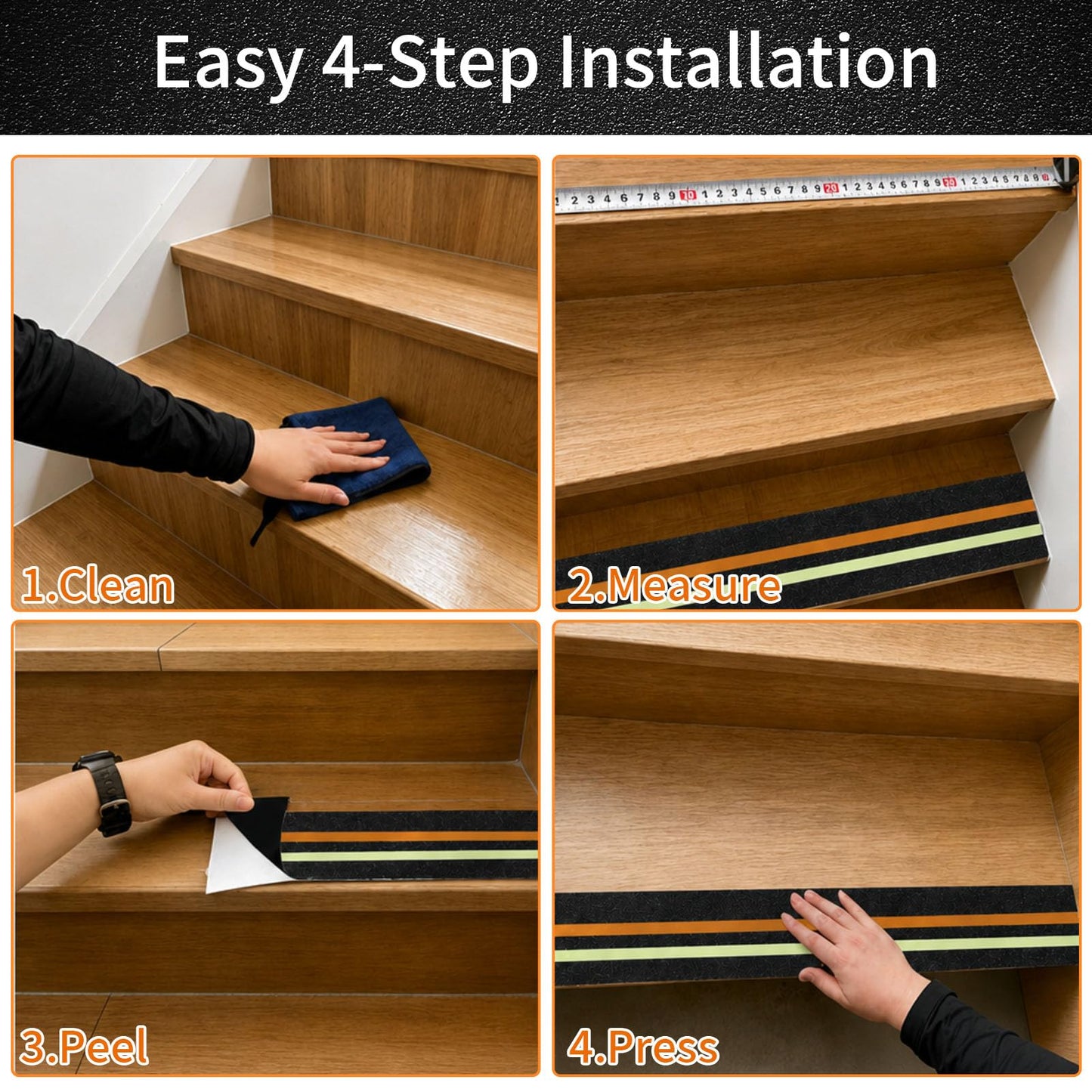 TOTAT 15 Pack Glow in the Dark & Reflective Non Slip Grip Strips, 4" x 30" Precut Anti Slip Tape for Stairs, Heavy Duty Waterproof Safety Treads Strips for Outdoor/Indoor Steps, Decks & Garages