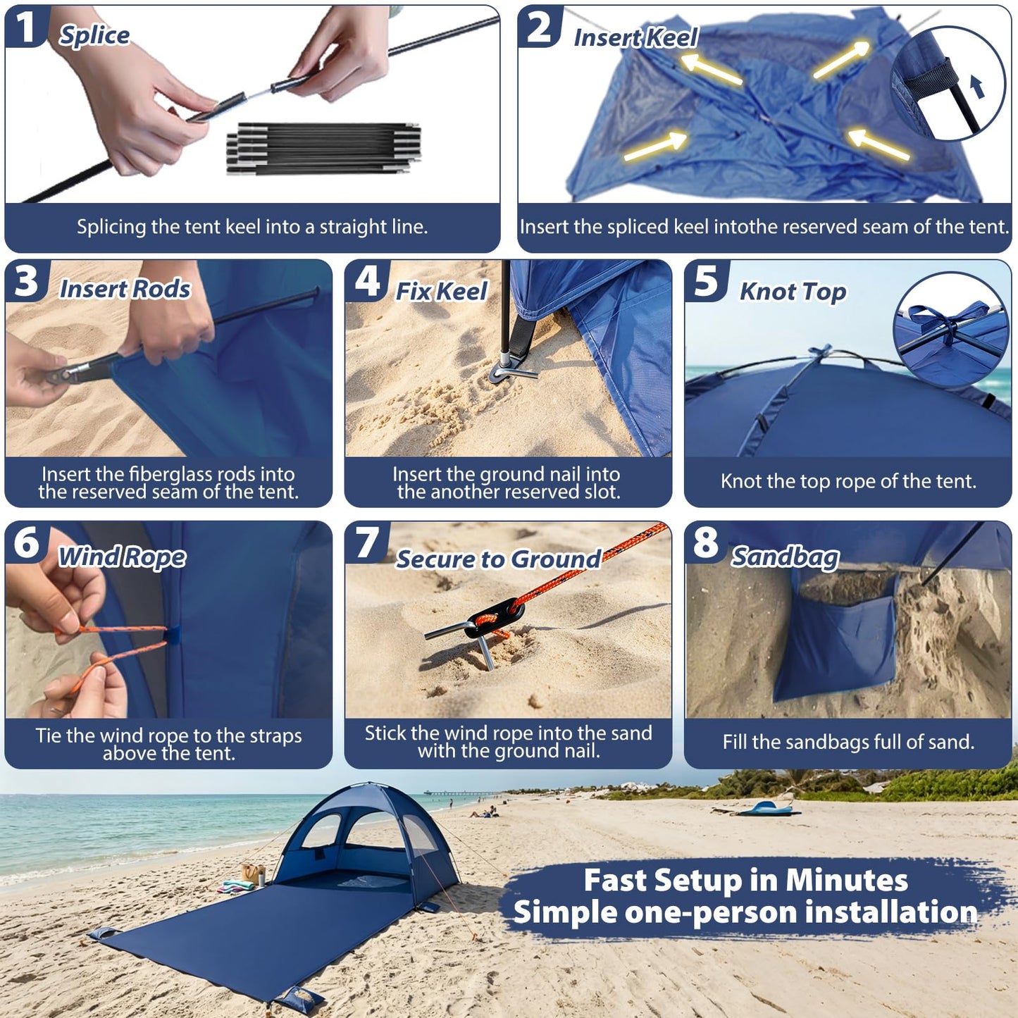 Beach Tent Sun Shelter- with 114 x 82” Extended Mat for 3-6 Person,UPF 50+ UV Protection,Easy Setup Beach Shade Canopy,Portable Camping Sun Shelters with 3 Mesh Window for Family Picnics Fishing