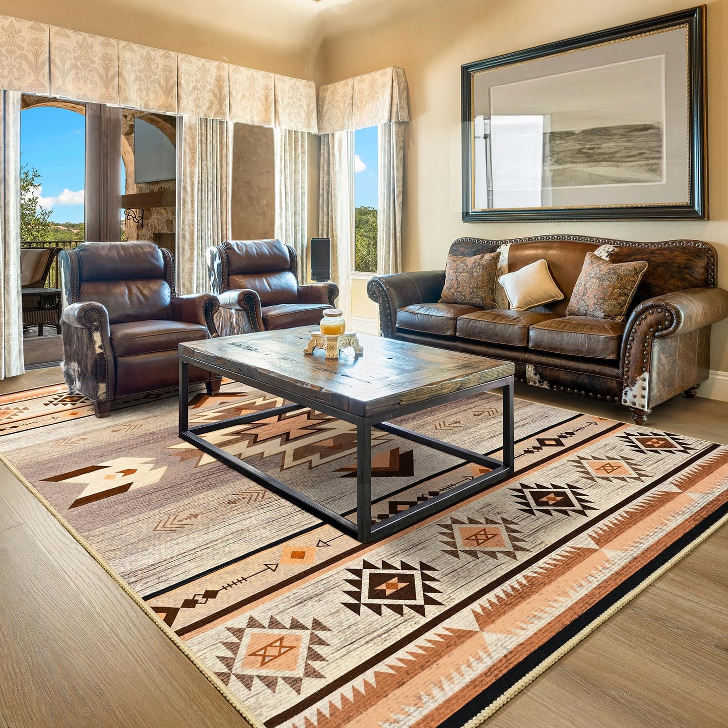 B BENRON Western Rugs for Living Room, Non Slip Large Rug for Bedroom Dining Table Kitchen, Washable Aesthetic Area Rug for Home Decor, 6ft x 9ft, Warm Beige