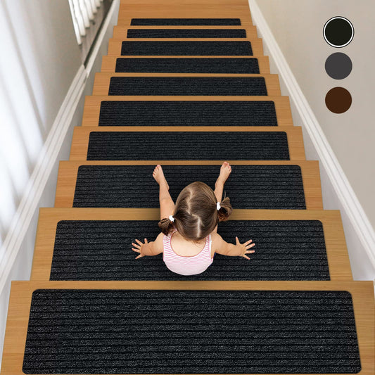 Lacut Non-Slip Stair Treads, 7.8" X 30" (15-Pack) Stair Runner Indoor Outdoor Mat, Black Slip Resistant Stair Tread Mats Step Covers Pads for Elders, Kids and Pets (30" x 7.8", Black)