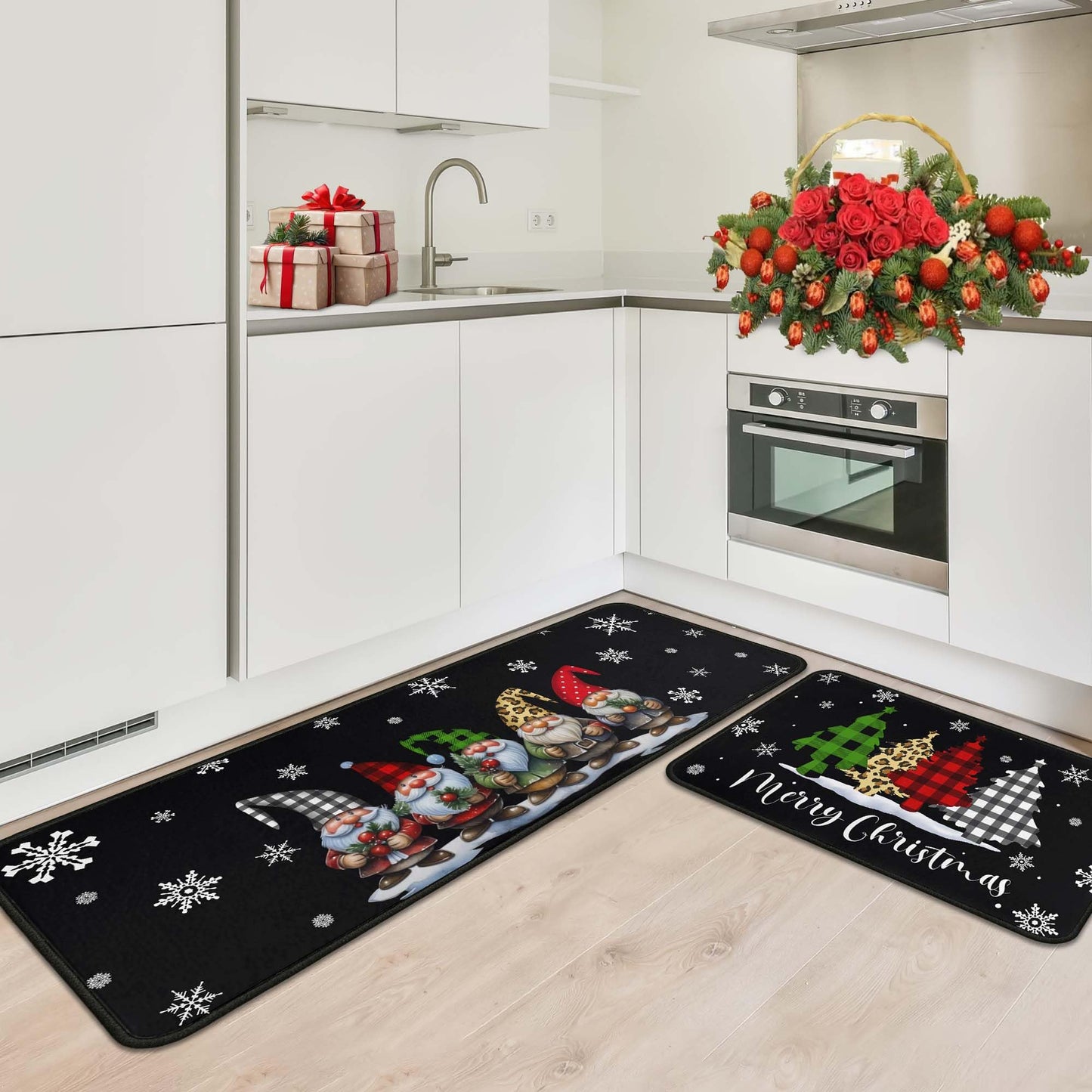 OUXIOAZ Buffalo Plaid Tree Gnomes Black Merry Christmas Kitchen Rugs Set of 2, Winter Holiday Party Low-Profile Floor Mat Decorations for Home Kitchen 17"x47"+17"x30"