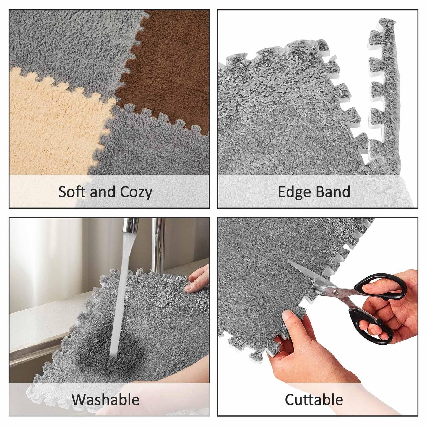 Amylove 36 Pack Plush Foam Floor Mat Square Interlocking Carpet Tiles with Border Fluffy Play Mat Floor Tiles Soft Climbing Rugs for Bedroom Playroom, 12 x 12 x 0.4 in(Gray, Apricot, Dark Brown)