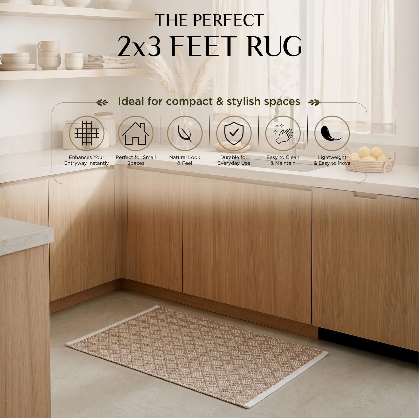Cotton Diamond Woven Area Rug 2x3 Feet - Beige, Anti Slip Decorative Durable Boho Front Door Throw Mats Ideal for Entryway, Kitchen, Office | Teal Farmhouse Indoor Daily Use Patio Rugs for Bedroom