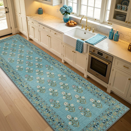 BSICPRO Large Kitchen Rugs Non Slip Washable, 30" x 95" Long Wide Kitchen Mats for Floor, Retro Vintage Floral Runner for Sink Kitchen Laundry Hallway Decor, Blue