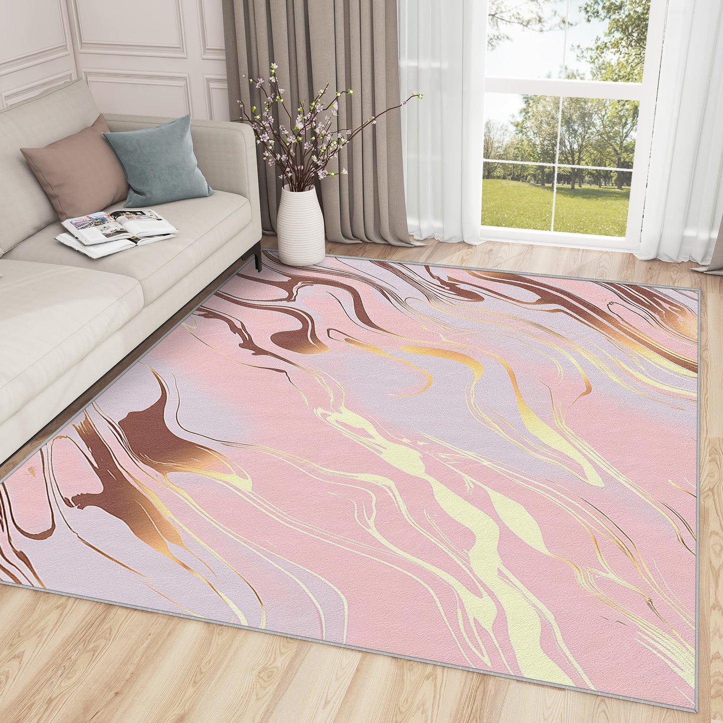 Marble Rugs for Living Room - Marble Rug, 4x5 Rug, Modern Abstract Art Area Rug, Girls Pink and Gold Washable Rugs for Living Room Bedroom, Pastel Luxury Carpet - Home Decor, Marble Gifts for Women