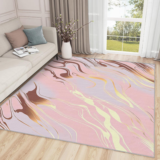 Marble Rugs for Living Room - Marble Rug, 4x5 Rug, Modern Abstract Art Area Rug, Girls Pink and Gold Washable Rugs for Living Room Bedroom, Pastel Luxury Carpet - Home Decor, Marble Gifts for Women
