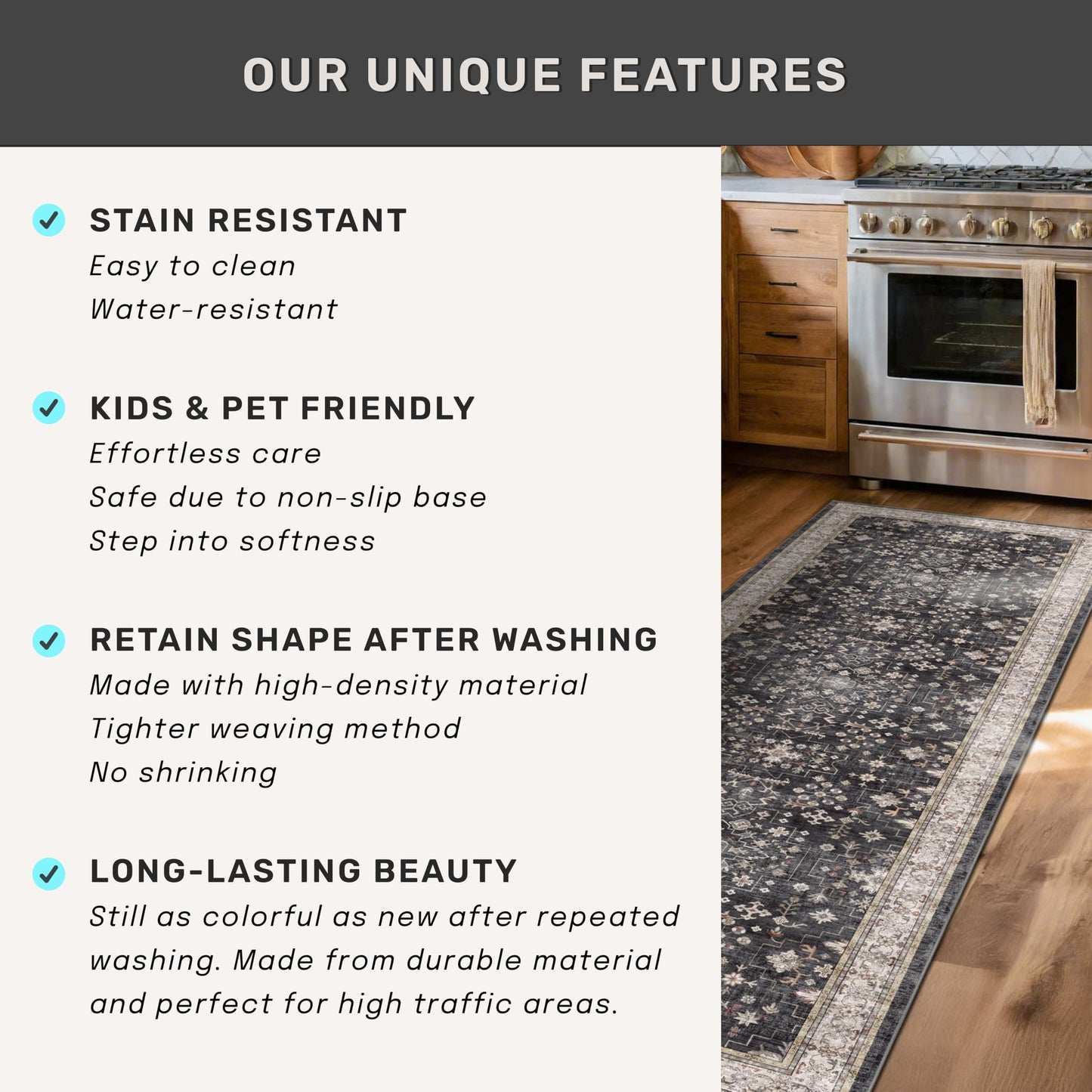 Boho Dining Room Rugs for Under Table - 6x9 Washable Black Area Rug For Living Room, Low Pile Non-Slip Rugs for Bedroom, Office - Charming Farmhouse Decor & Stain Resistance (6x9 Black/Multi)