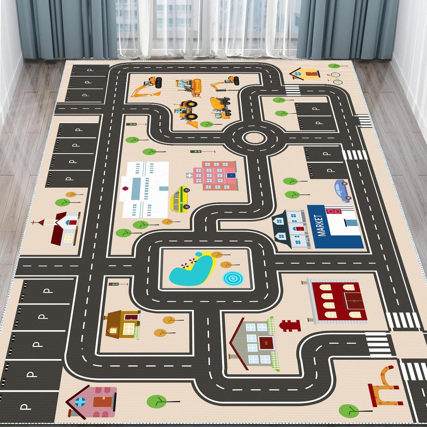 Jngred Kids Car Rug Playmat with Non-Slip Rubber Backing，Car City Life Road Carpet，Child Car Traffic Rugs ，Train Track Play Mat(80×120cm/32×47in)