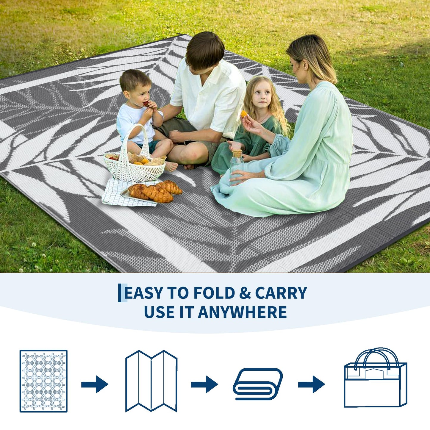 GAOMON 9'x18' Outdoor Rug Waterproof, Reversible Plastic Straw Rug for Large Patio, Backyard, Poolside, Deck – UV Resistant, Heavy Duty, Easy Clean Outdoor Carpet for High Traffic, Grey&White
