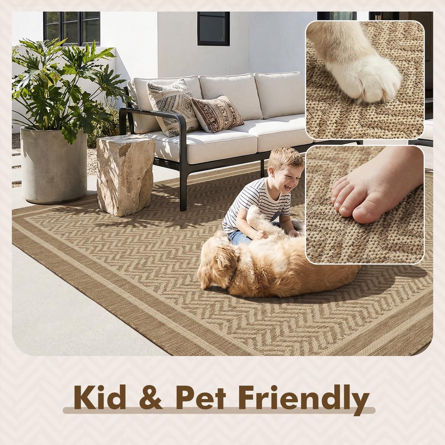 MontVoo-Outdoor Rug-Patio Rug 5x7 Polypropylene Indoor Outdoor Rugs Outdoor Carpet for Patio Deck Balcony Porch, Textured Weave, Durable for High Traffic, Fade-Resistant, Boho Farmhouse Neutral Brown