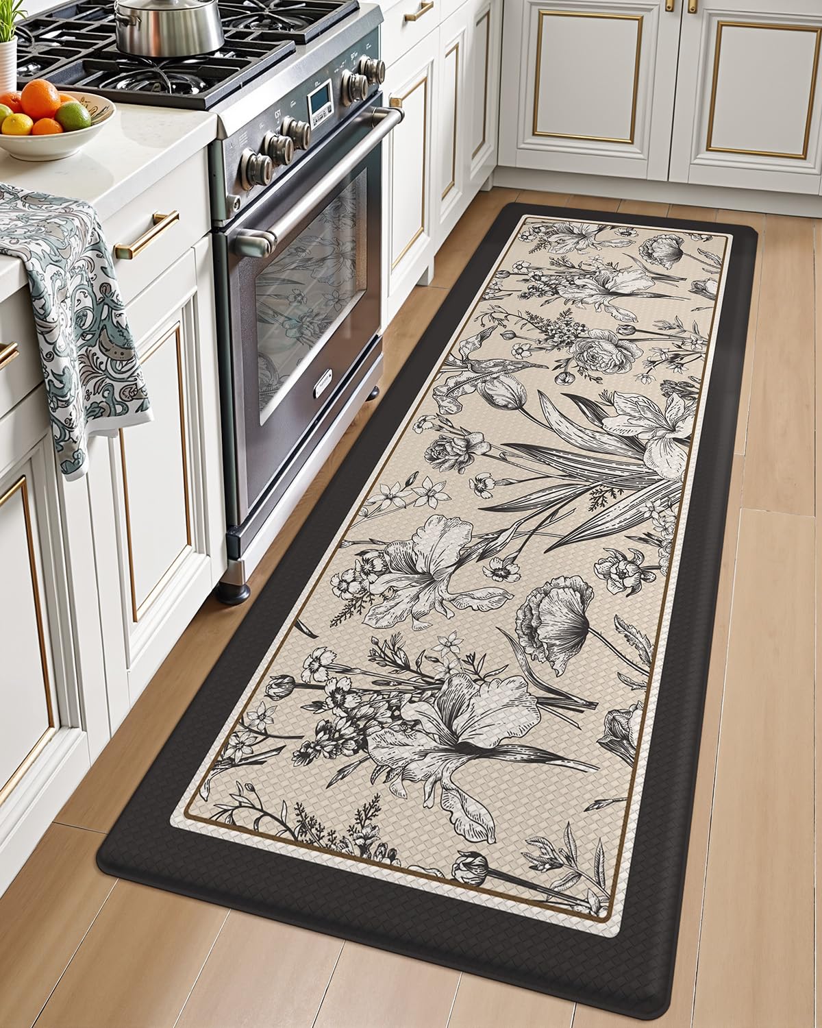 LUMI Kitchen Floor Mats Cushioned Anti Fatigue, 24" x 59" Long Standing Comfort Runner Rug, Memory Foam Padded Mat, Waterproof Rubber Memory Foam Padded for Front Sink Laundry, Cream Black