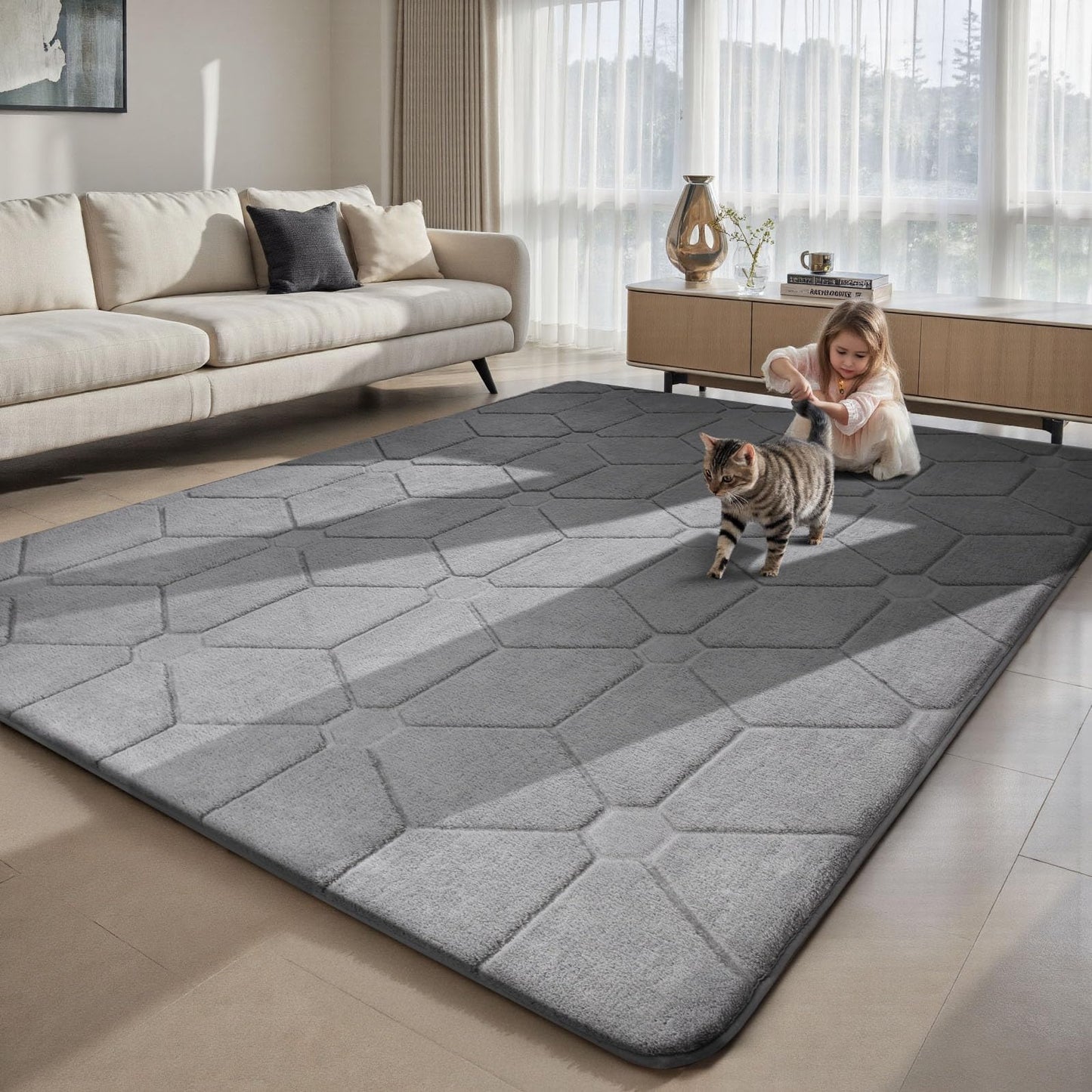 Sour Lemon 4x6 Area Rugs for Living Room, Soft Large Area Rug Fluffy Grey Rugs for Bedroom，Machine Washable Area Rug Non Slip Carpet Rug for Living Room Playroom Kids Room Home Decor