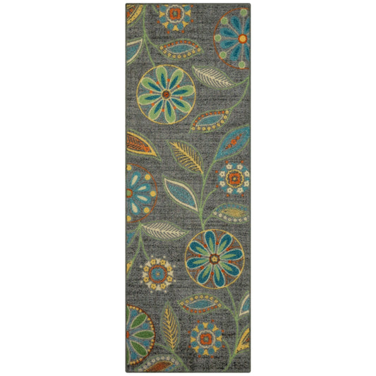 Maples Rugs Reggie Floral Runner Rug - Made in USA - Washable, Non Slip Indoor Carpet for Kitchen, Hallway, and Laundry Room, 2' x 6', Dark Grey
