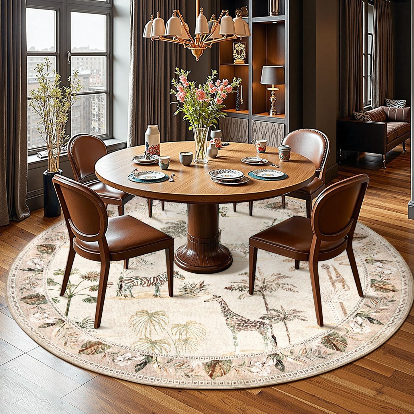jinchan Round Rug 8ft Beige Jungle Animals Print Living Room, Machine Washable 8' Circle Modern Soft Non-Slip Forest Plant Kids Room Throw Area Rug, Low Pile Carpet for Dining Room Bedroom Playroom
