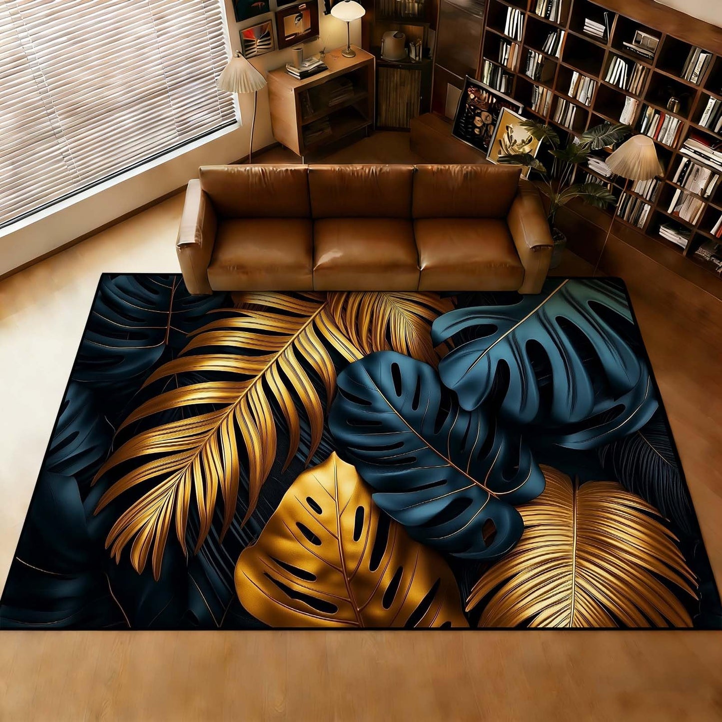 Black Gold Tropical Plant Area Rug, Luxury Botanical Palm Leaf Rug, Monstera & Palm Leaf Rugs, Washable Non-Slip Soft Low Pile Modern Luxury Leaves Carpet for Living Room (4' x 6'(Rectangular))