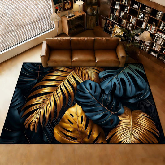 Black Gold Tropical Plant Area Rug, Luxury Botanical Palm Leaf Rug, Monstera & Palm Leaf Rugs, Washable Non-Slip Soft Low Pile Modern Luxury Leaves Carpet for Living Room (4' x 6'(Rectangular))