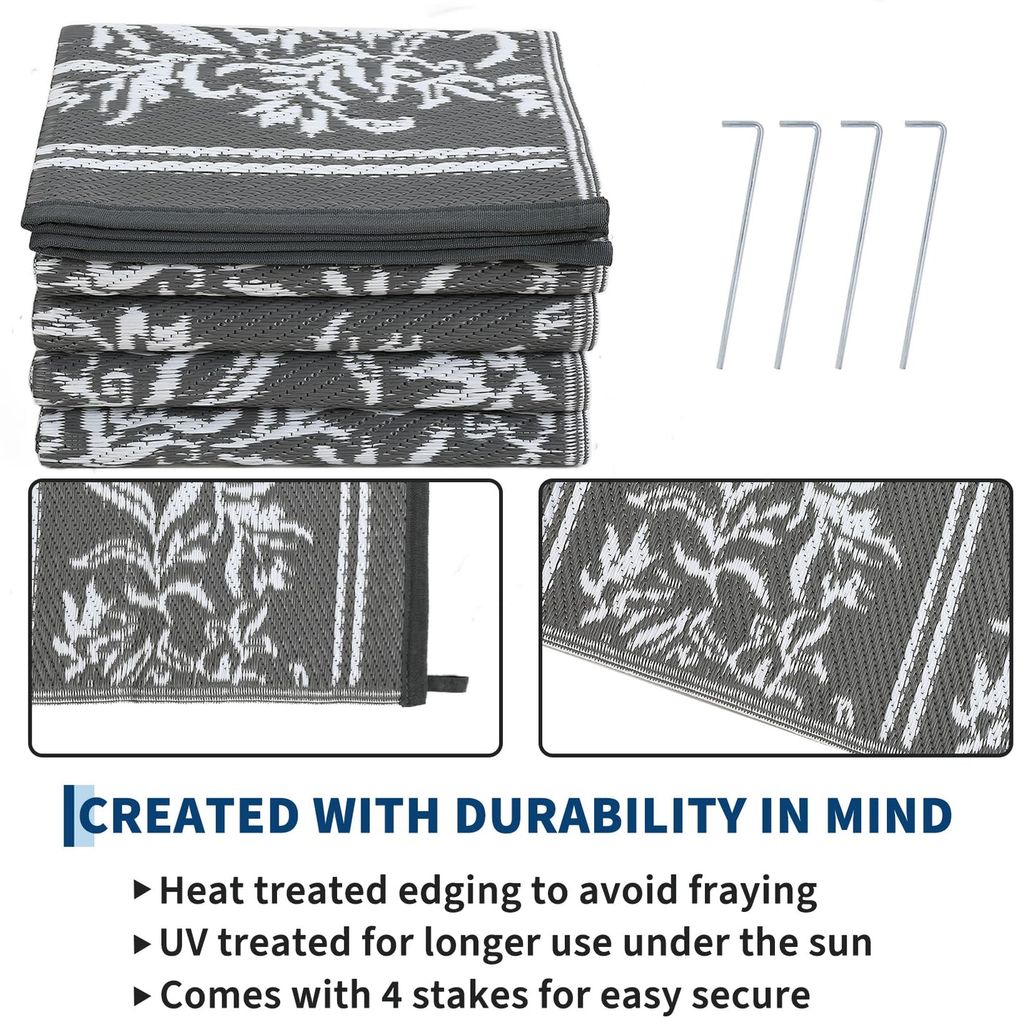 GarveeHome Outdoor Rug 9x12 Waterproof for Patio, Reversible Outdoor Plastic Straw Rug, Wallpaper Flower Indoor Outdoor Mat Carpet for RV, Camping, Deck, Backyard, Picnic, GreyWhite