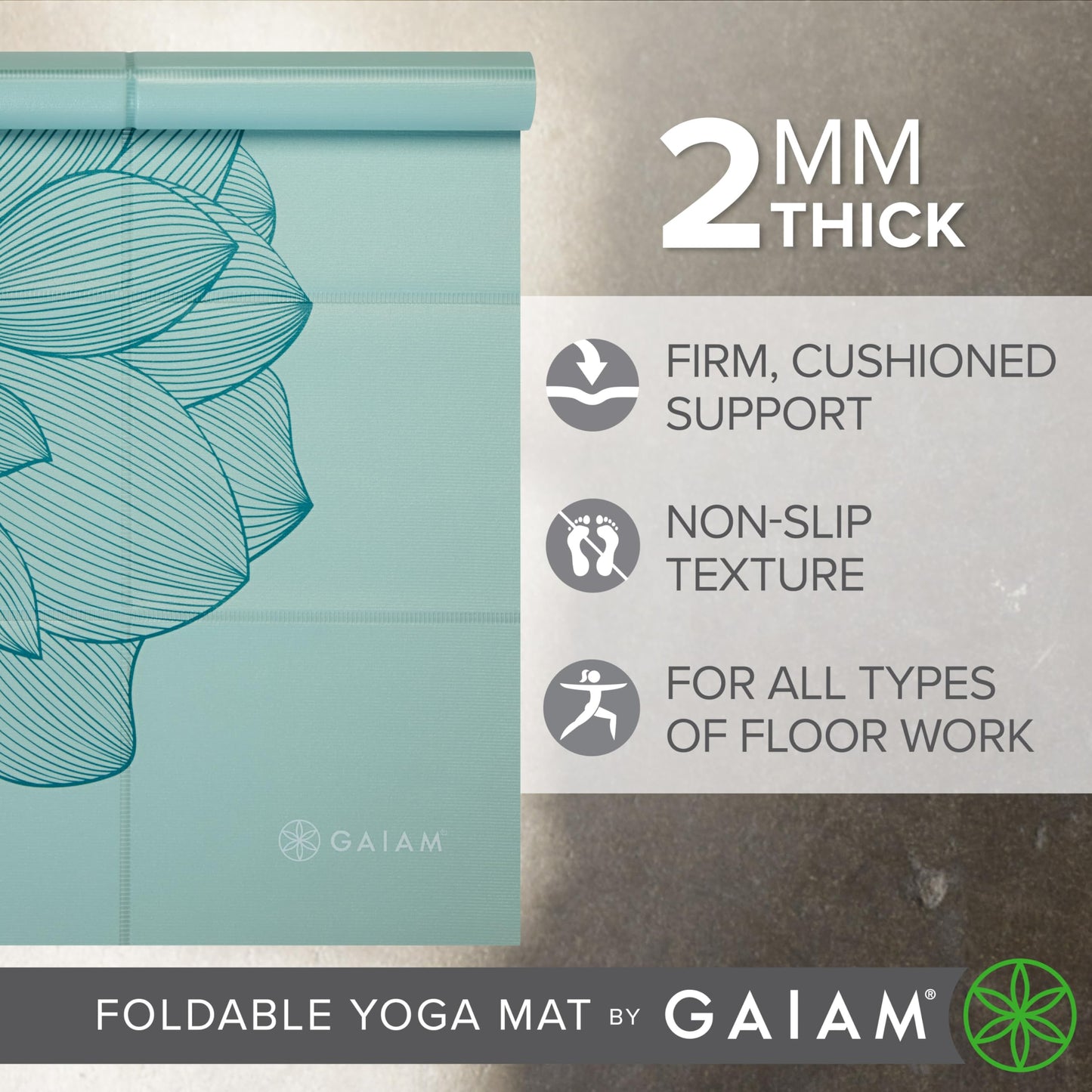 Gaiam Ultra-Thin Folding Travel Yoga Mat – 2mm Slim Foldable Mat for Yoga, Pilates & Floor Workouts | Lightweight & Portable