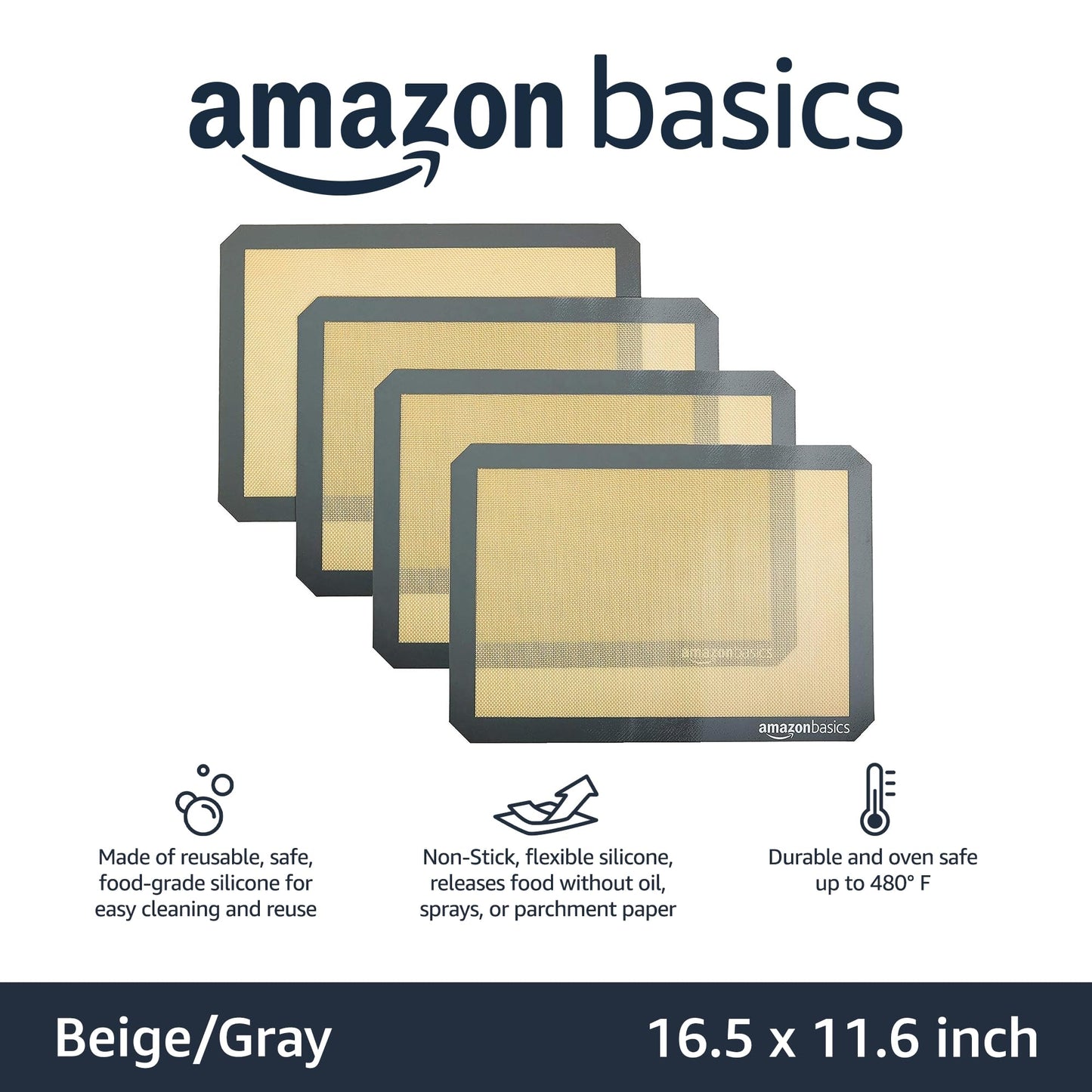 Amazon Basics Non-Stick Silicone Baking Mat, Food Safe, Dishwasher Safe, Heat Resistant, 16.5" x 11.6", Beige/Gray, Rectangular, 4-Pack