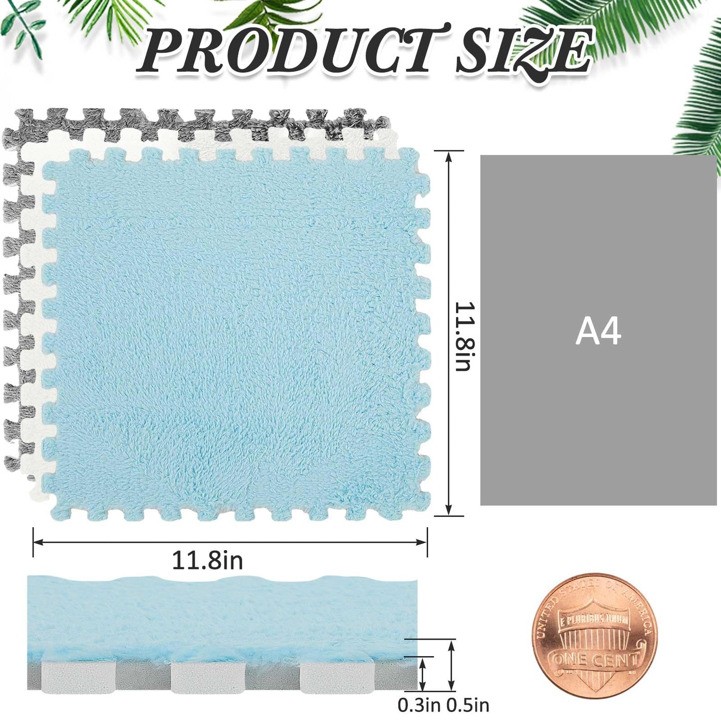 Amylove 36 Pack Plush Foam Floor Mat Square Interlocking Carpet Tiles with Border Fluffy Play Mat Floor Tiles Soft Climbing Rugs for Bedroom Playroom, 12 x 12 x 0.4 in(White, Gray, Light Blue)