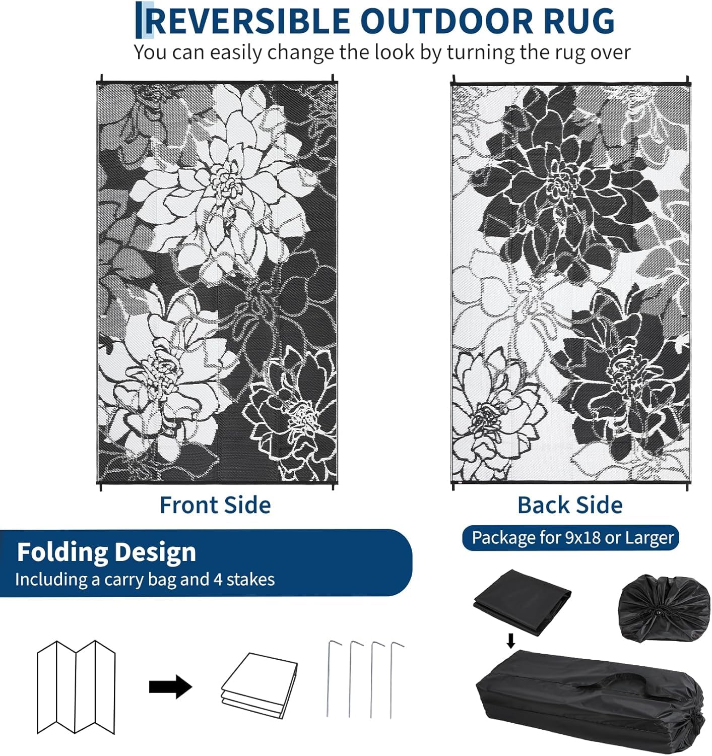 IDEALHOUSE Reversible Outdoor Rug, 320GSM Recycled Plastic Patio Rug, Lightweight Folding Camping Mat with Carry Bag and 4 Stakes, for RV, Picnic, Beach, Balcony, Black White, 9x18 ft