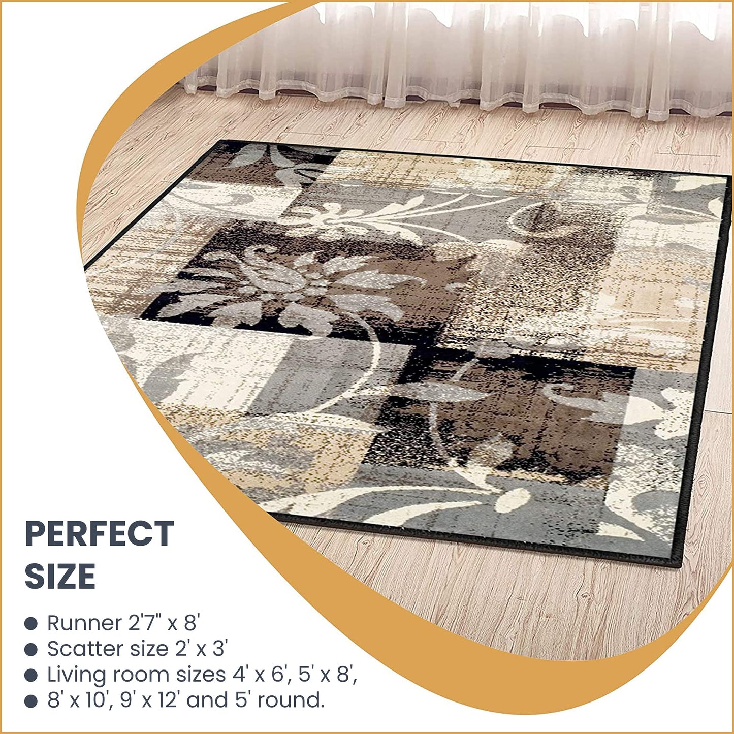 Superior Indoor Area Runner, Jute Backed, Perfect for Hallway, Entryway, Office, Living/ Dining Room, Bedroom, Kitchen, Floor, Modern Floral Decor, Pastiche Collection, 2' 7" x 8', Beige