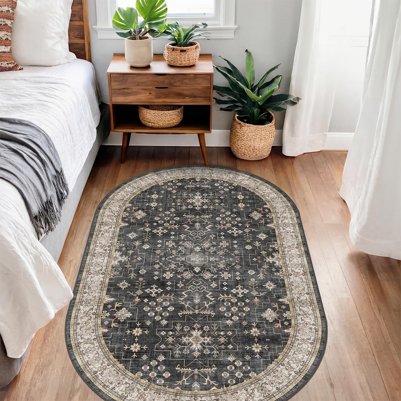 Washable Small Oval Rug 3x5 for Entryway, Black Boho Oval Area Rug for Kitchen, Bedroom Bedside, Mudroom, Modern Moody Low Pile Carpet for Bathroom, Laundry Room, Throw Rug Indoor Non-Slip