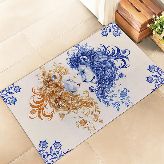 amepay Lion Indoor Door Mat, Stylish 17x29.5in Non-Woven Fabric Floor Doormat with Blue and Gold Majestic Lions,Animal Lover Doormats, for Porch Insider,Bedroom,Living Room, Decor Rug Gifts