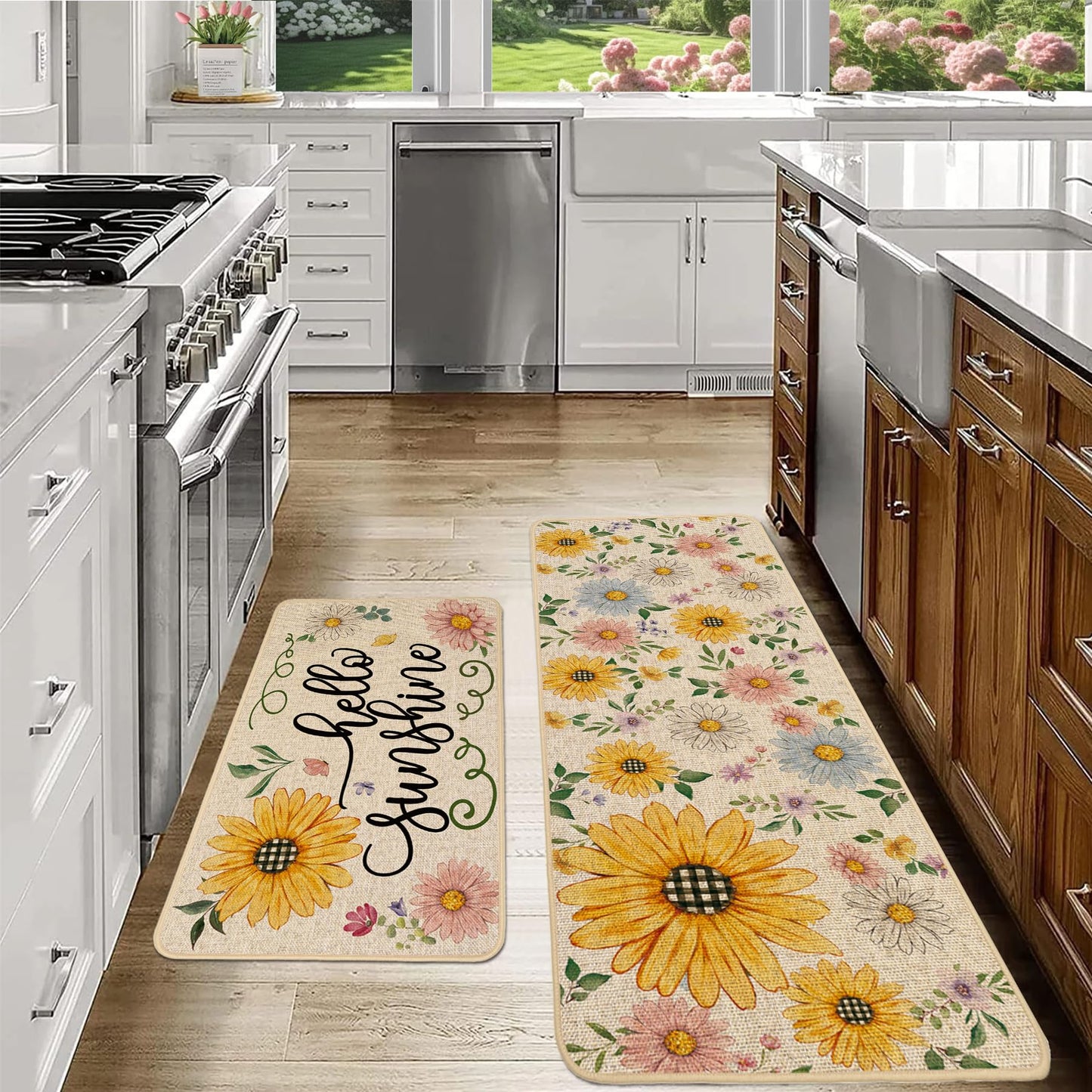 Baccessor Spring Summer Kitchen Rugs Set of 2, Sunflower Daisy Butterfly Floral Kitchen Mats for Floor Low-Profile Summer Holiday Home Decor 17x29 and 17x47 Inch