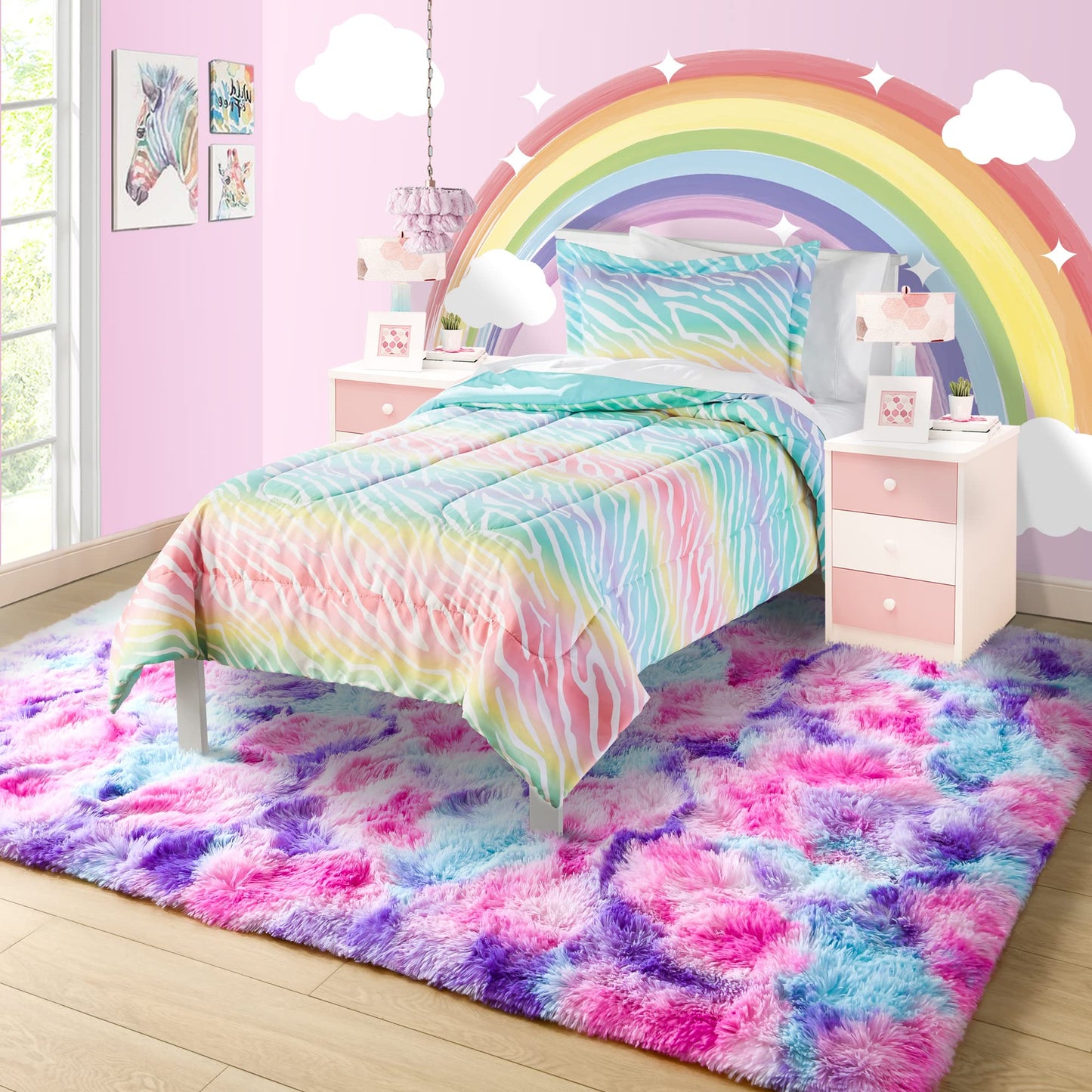 5x7 Large Tie-Dyed Pink Purple Blue Area Rug for Kids Living Room Bedroom, Fluffy Shag Soft Plush Furry Carpet, Non-Slip Indoor Floor Mat for Dining Room Home Decor