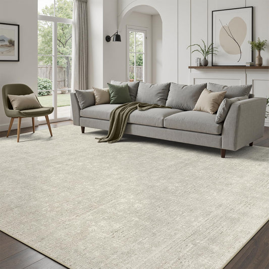 DCX 8x10 Beige Rug, Kid & Pet Friendly with Rubber Back Non Slip, Machine Washable Stain Resistant Neutral Floral Rug for Living Room, Bedroom, Home Office, Soft Low Pile Large Nursery Carpet