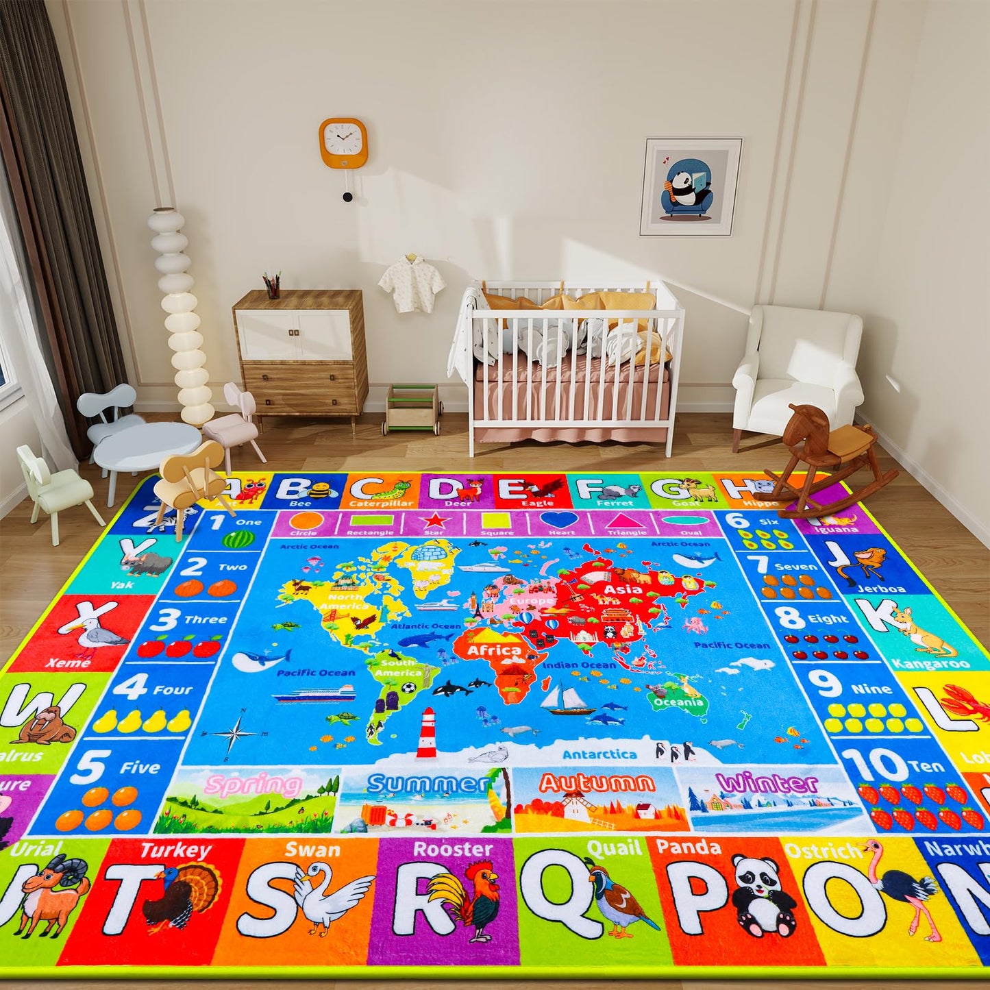 Large Educational Kids Learning Rug with World Map & ABC Alphabet, Interactive Geography Play Carpet for Preschool Classroom Nursery & Homeschool, Non-Slip Activity Rug, 6'7" x 9'2"