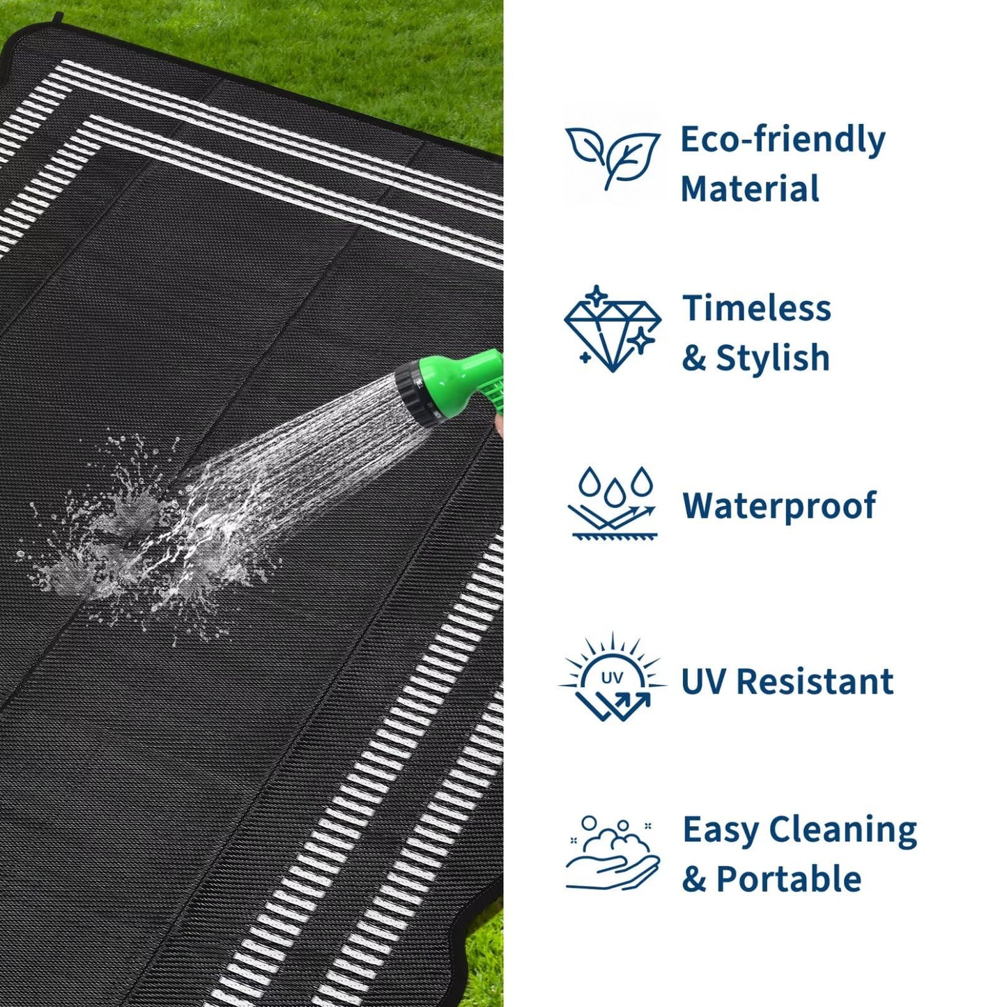 Garvee Waterproof Outdoor Rug 8x10, Scalloped Geometric Foldable Plastic Straw Patio Camping Rug, Outdoor RV Carpet for Deck Camper Porch Balcony Backyard Picnic Beach Black and White
