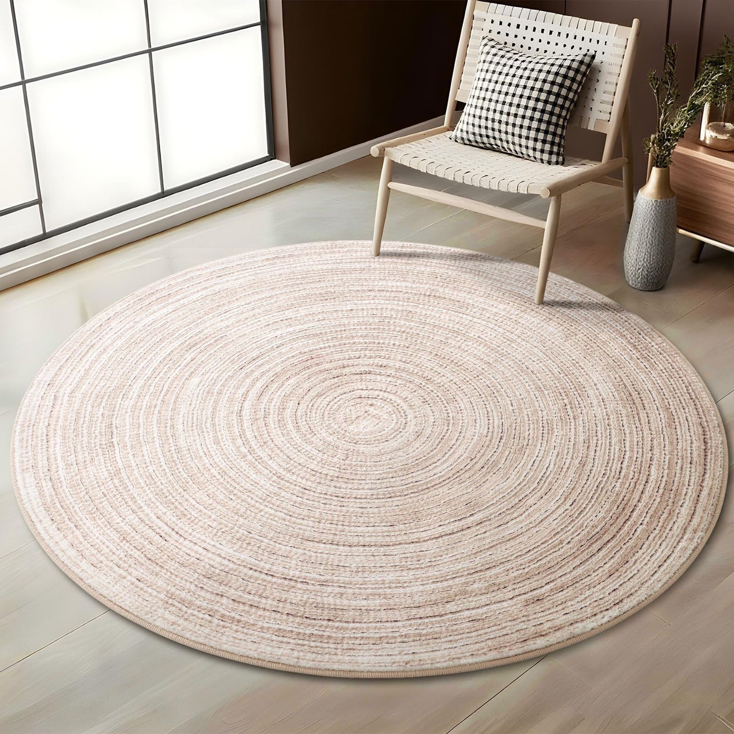 Asrug Imitation Jute Low Pile Round Rug Area Rug Washable Non-Slip Circle Rug Soft Plush Touch Circle Rugs Round for Kitchen Bathroom Living Bedroom Nursery, Carpet 4ft /48 inch/122 cm Khaki