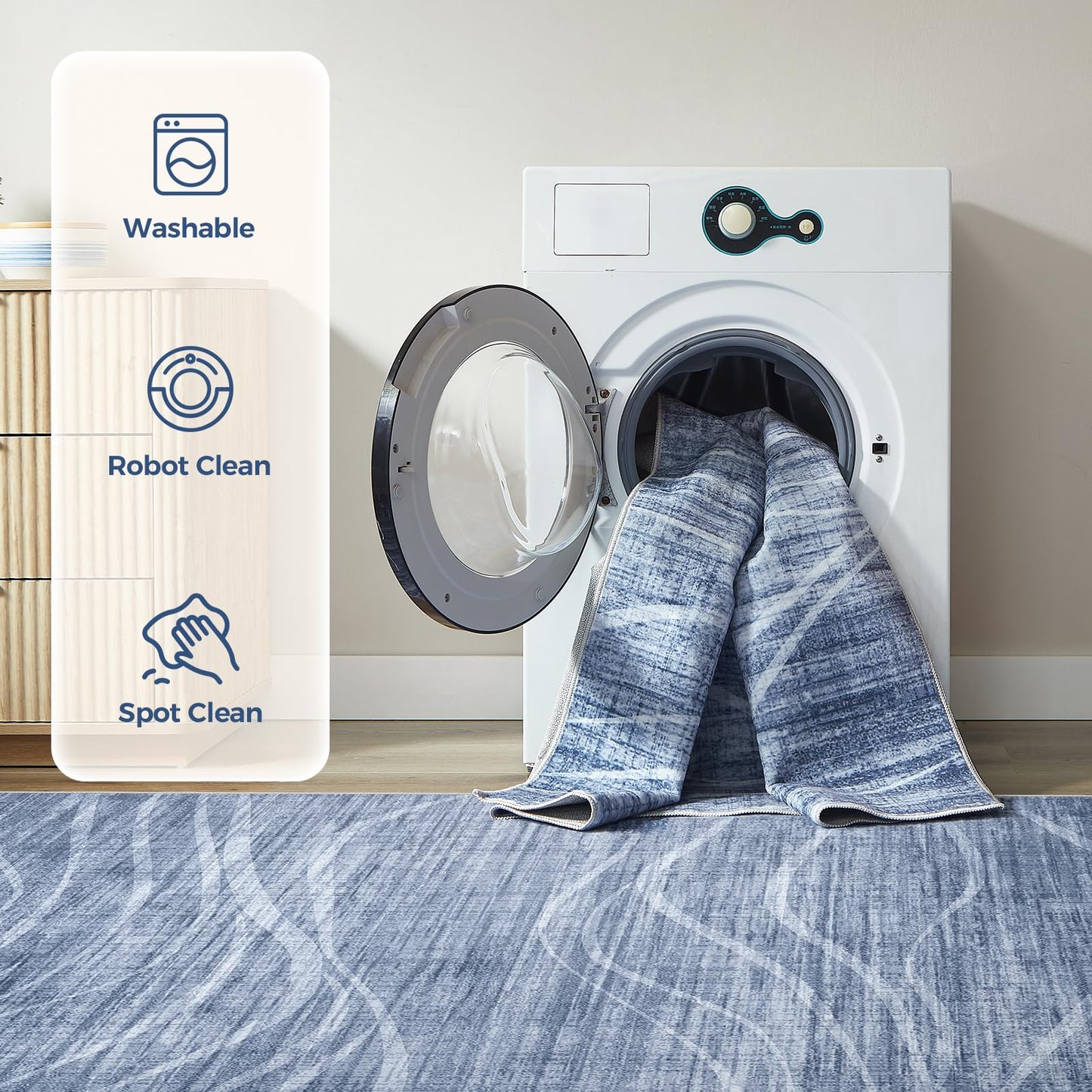 WITSHOCK 5x7 Area Rug for Living Room, Washable Rugs for Bedroom Kitchen Nursery Dining Room Office, Modern Wave Striped Rugs, Soft Thin Carpet Non Slip Low Pile for Home Decor, Blue