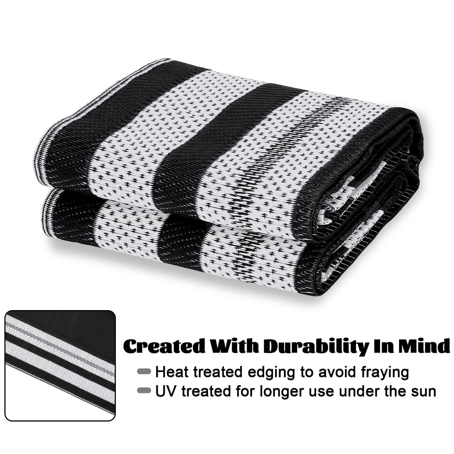 IDEALHOUSE Outdoor Rug, 320GSM Thick PP Woven, Modern Border A, Reversible Foldable, Lightweight Anti Scuff, Decorative Floor Mat for Patio Balcony Camping, Black White 10x14ft