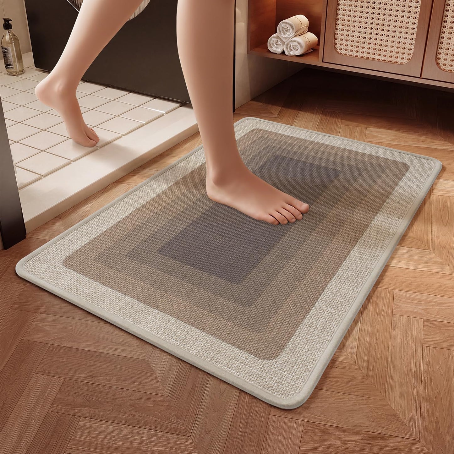 QiCaiJia Ultra Thin Bath Mat Bathroom Rugs, Quick Dry Super Absorbent Washable Bath Shower Mats, Rubber Backing Non Slip Bathroom Rug Fit Under Door, Brown 16x24