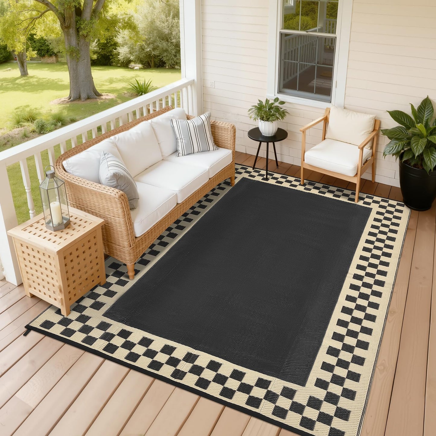 Garvee Outdoor Rug 9x12 Waterproof Reversible Patio Rug Modern Geometric Outdoor Carpet, Fade-Proof & Weather Resistant Minimalist RV Picnic Camping Mat for Garden Backyard Balcony, Black & Beige