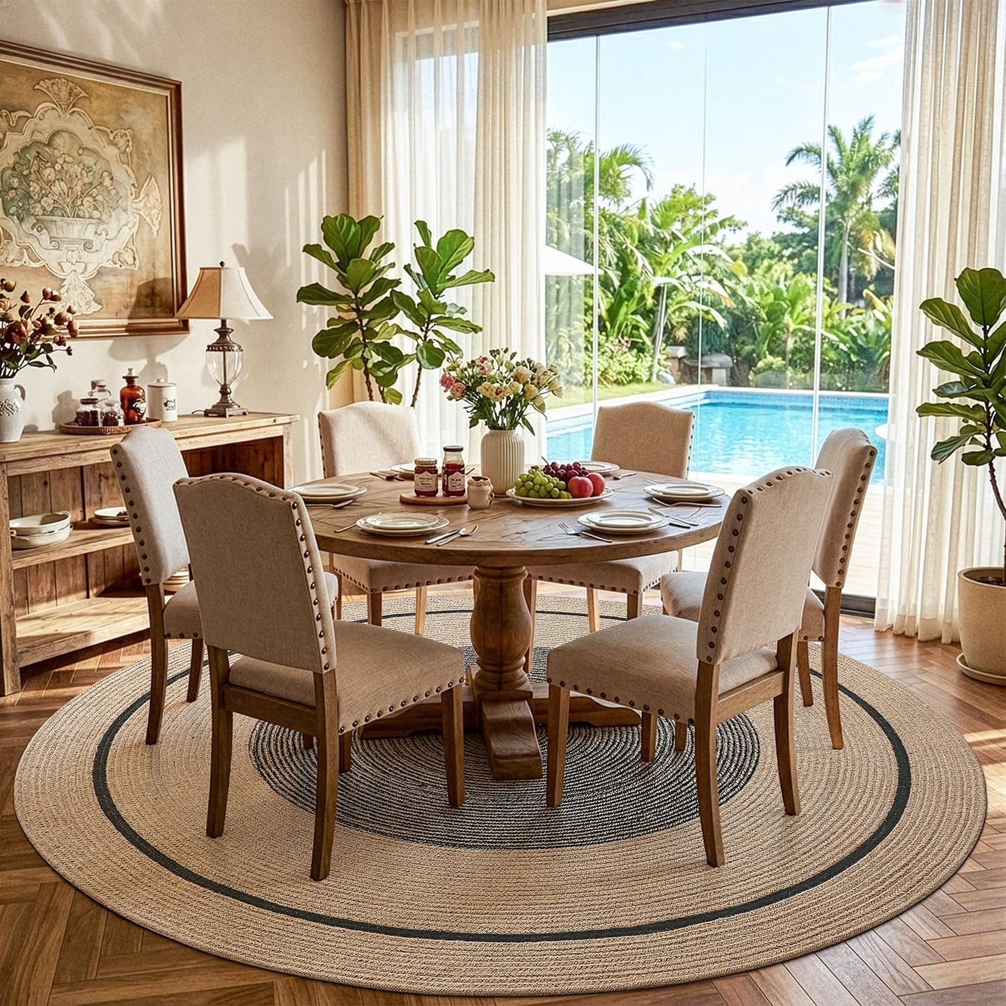 LUMI Jute Area Rug 8ft Round for Living Room, Natural Braided Woven Rugs Non Slip, Neutral Farmhouse Carpets No Shedding, Durable for High Traffic, Dining Room, Indoor, Outdoor, Patio
