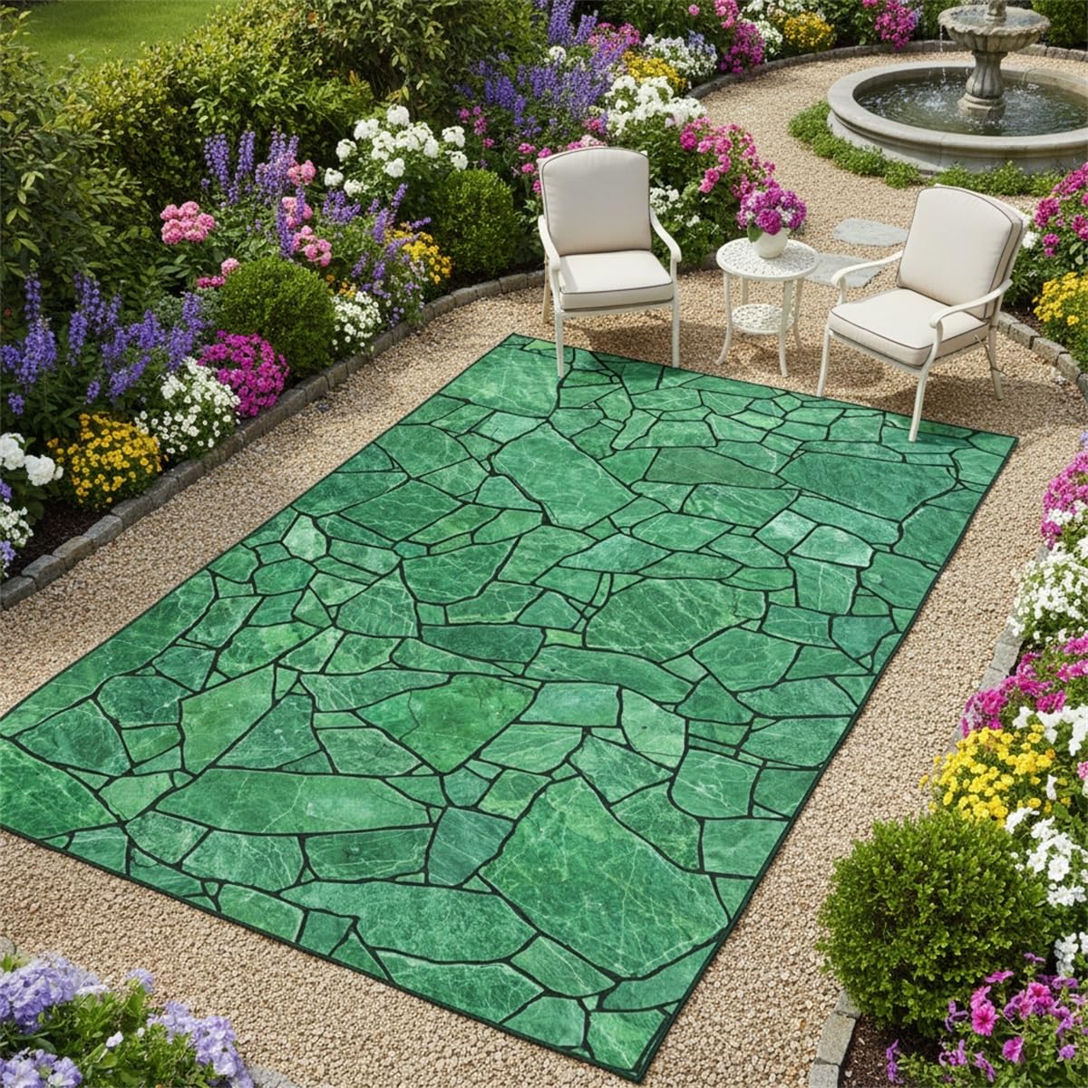 Emerald Green Irregular Stone Pattern Area Rug 2x3 Rustic Outdoor Waterproof Rugs for Porch Patio Deck Backyard Non Skid Thin Low Pile Outside Large Carpet Balcony Foyer RV Mats Front Yard Rug