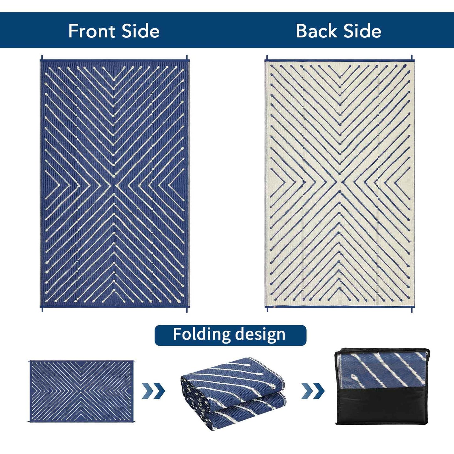 Garvee Striped 5x8 Outdoor Rug Waterproof Reversible Patio Mat, Portable Lightweight Plastic Straw Camping Rug for RV, Balcony, Backyard, Porch, Beach, Picnic, UV Protected & Easy Clean, Navy & White