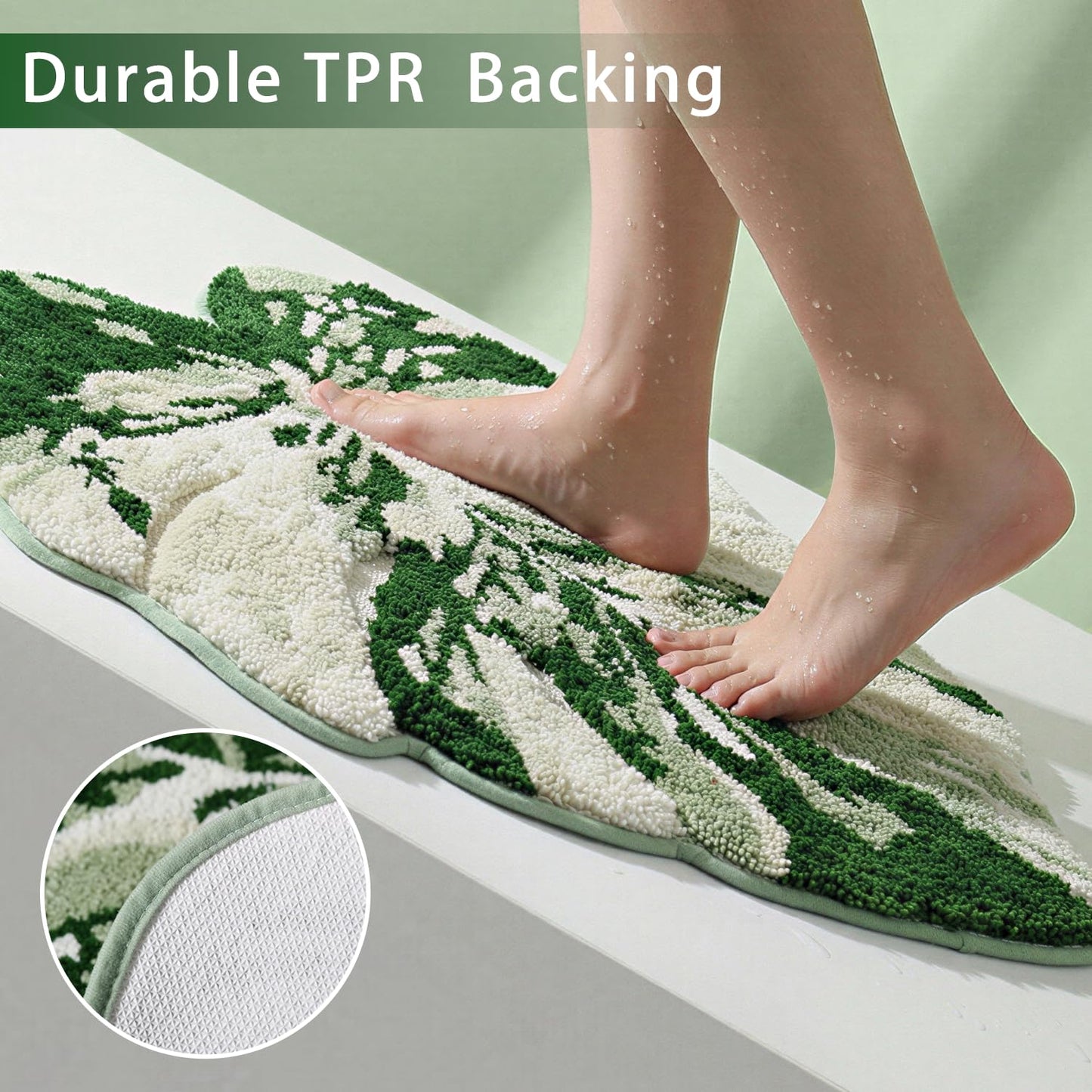 VivaNest Luxury Sage Green Leaf Bathroom Mat Monstera, 32.3"x36.6" Extra Soft, Absorbent Washable Tufted Bath Rug, Non-Slip TPR Backing, Plush Shaggy Bath Carpet for Floor, Bathtub