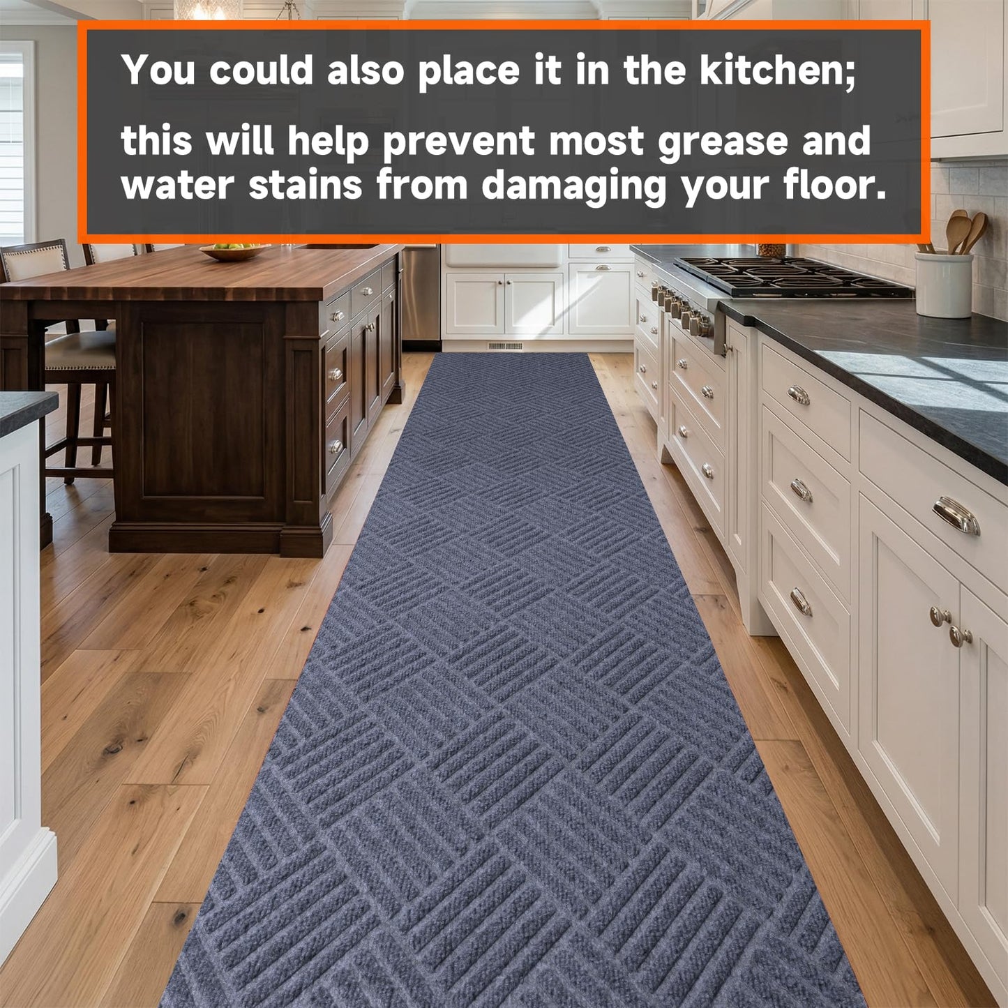 Indoor Outdoor Runner Rug 3 x 15 ft, Gray Non Slip Rubber Backed Floor Runner, Low Profile Area Carpet for Hallway, Kitchen, Entryway, Balcony, Garage, Stairs & Laundry, Geometric