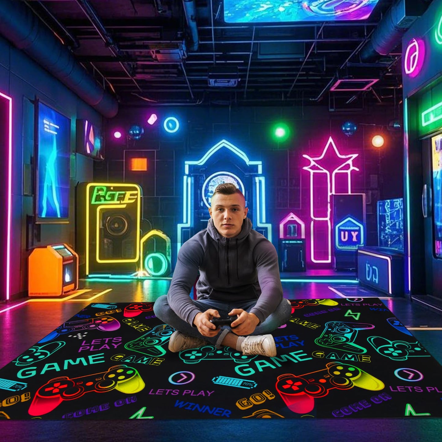 Vibrant Gaming Themed Area Rugs for Game Room Bedroom Decor Rug, Gamer Floor Carpet Mat 3'x5' for Boys Mens Kids Teens Video Games Console Rugs Under Desk Decorative Youth Setup Floor Mats