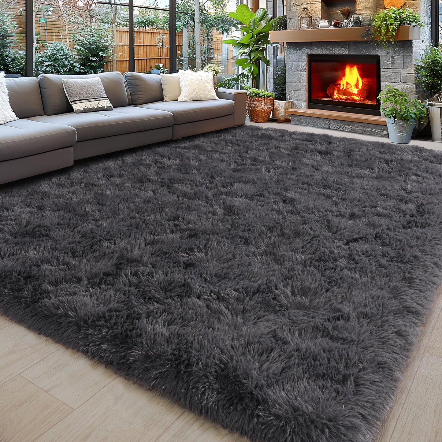 8x10 Area Rugs for Living Room, Ultra Soft Fluffy Large Shaggy Rug Carpet for Bedroom, Non-Slip Fuzzy Plush Rugs for Nursery Boys Girls Kids Room Modern Indoor Home Decor, Charcoal Grey