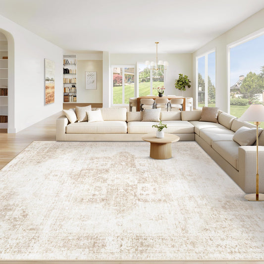 VECARF Area Rug 9x12 Washable Rug, Vintage Boho Medallion Rugs Non-Slip Soft Low Pile Large Distressed Rug Indoor Retro Carpet for Living Room Bedroom Dining Room Home Office (Beige, 9'x12')