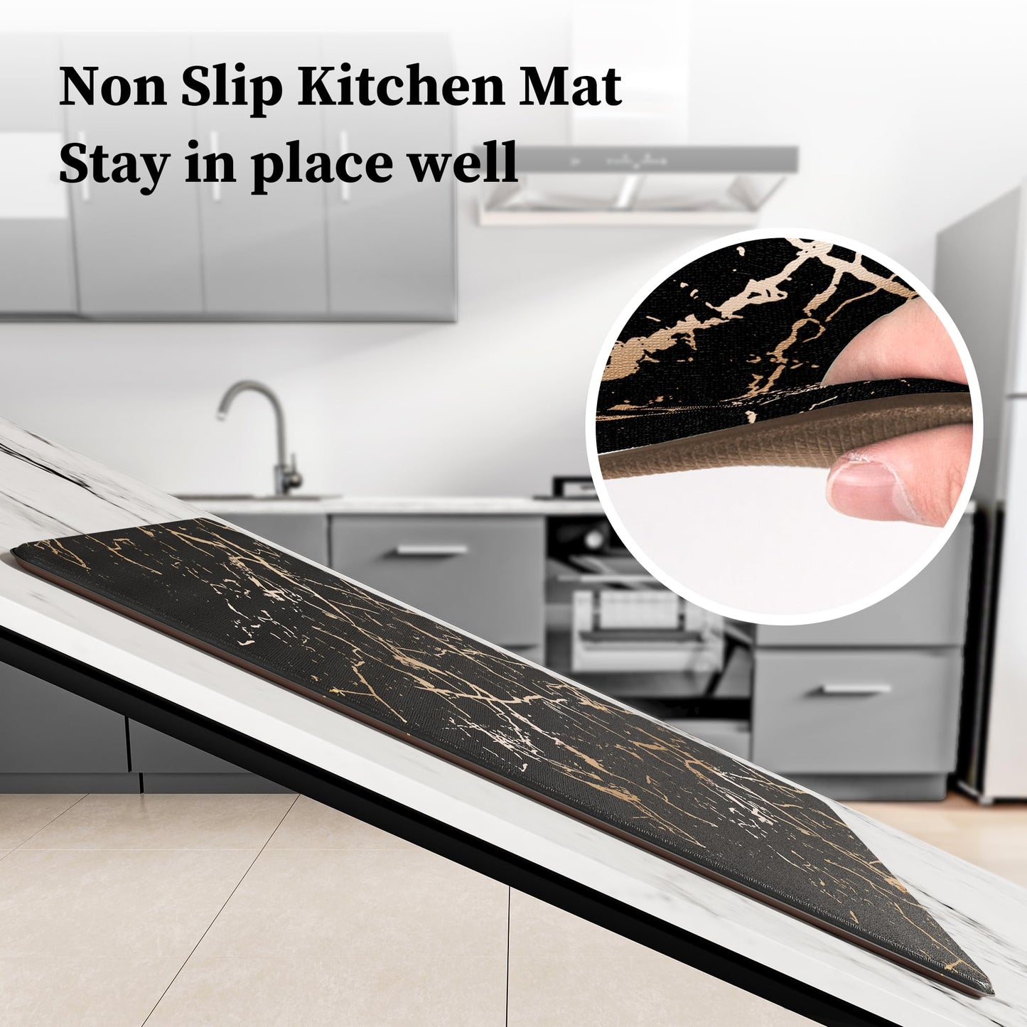 Gold Foil Stamped Marble Kitchen Mats for Floor 2PCS Cushioned Anti Fatigue Non Slip Waterproof Comfort Leather Kitchen Rugs 2/5 Inch PVC Kitchen Mats for Sink, Laundry, 17.3"x28"+17.3"x47", Black