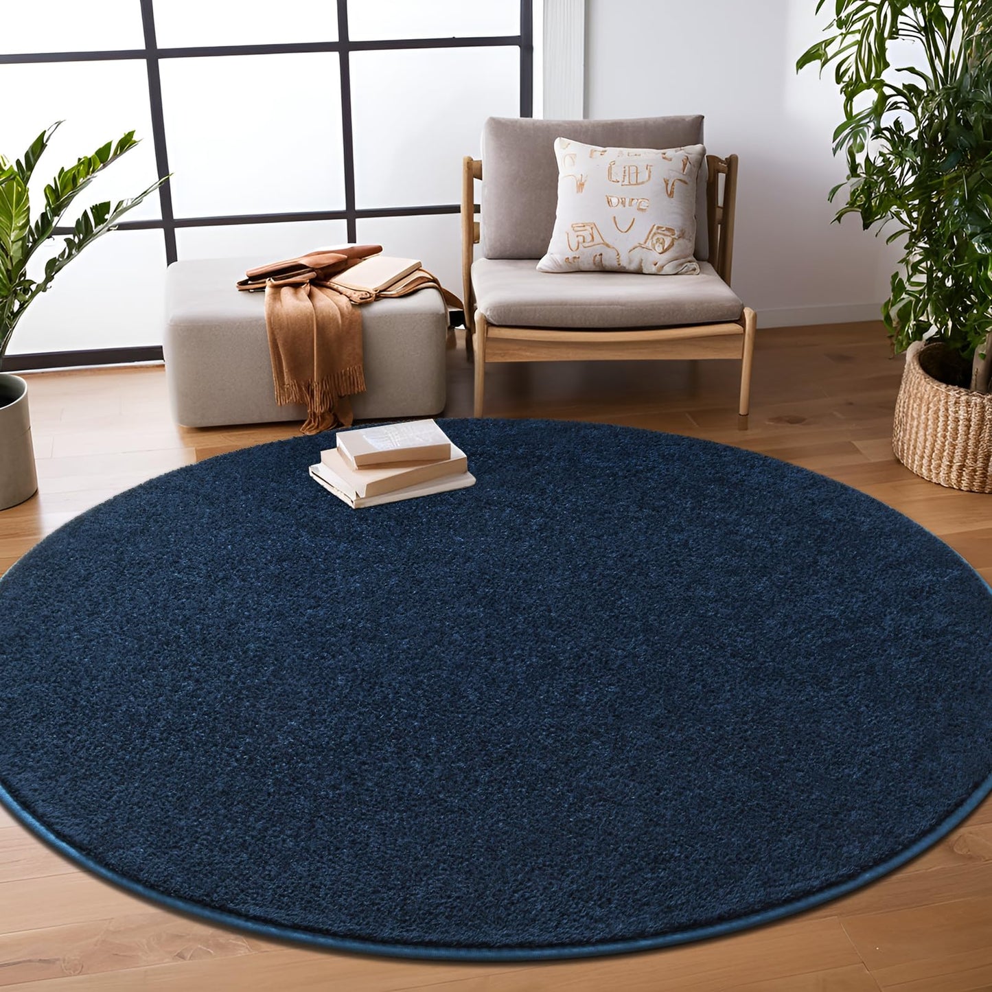 FALARK Navy Blue Round Area Rugs for Living Room Bedroom, 4x4 Feet Ultra Soft Memory Foam Modern Indoor Circle Carpet, Non-Slip Comfy Washable Circular Rug for Boys Girls Nursery Room Home Decor