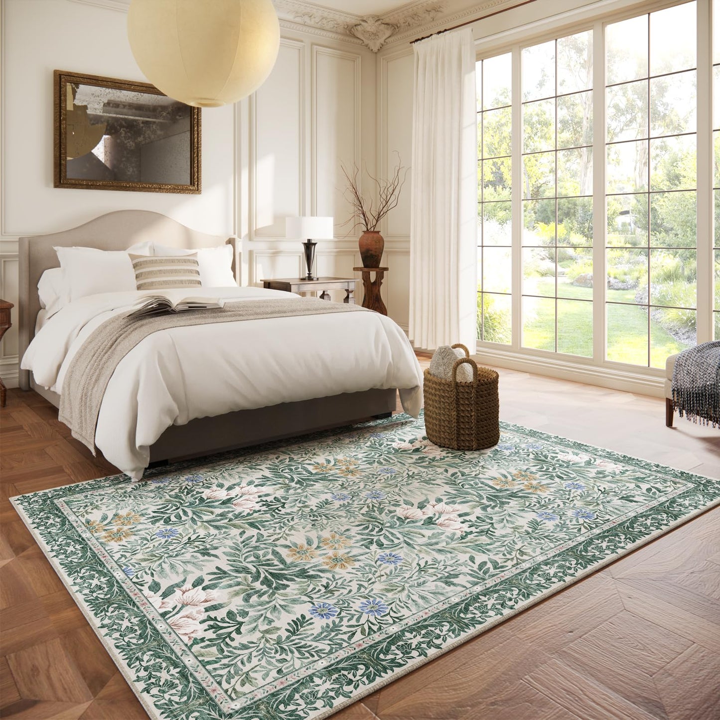 Baksham Botanical Floral Area Rug 5x7 Light Green Cream Vintage Garden Design, Perfect for Living Room, Bedroom, Kids Room, Nursery - Stain & Water Resistant Non-Slip, Pet & Child Friendly Area Rugs